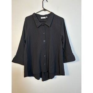 Habitat‎ Button Front Shirt Sz Large Black 3/4 Sleeve Gauzy Lagenlook minimalist
